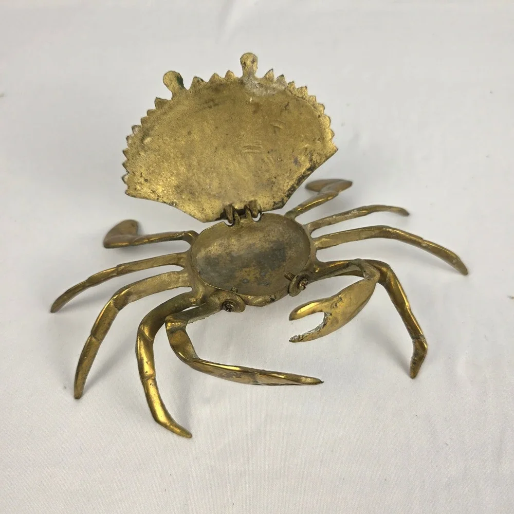 Vintage Brass Crab Trinket Box Hinged Lid Coastal Nautical Decor 7x5x2